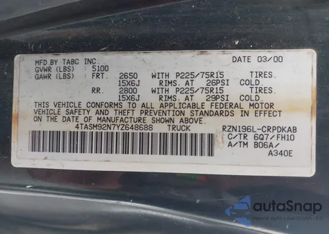 2000 Toyota Tacoma Prerunner из США, поврежденный, VIN 4TASM92N7YZ648688